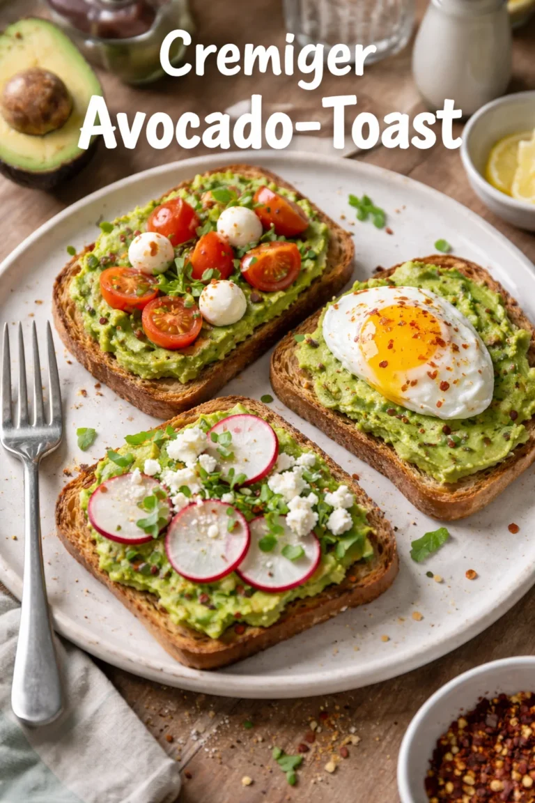 Leckeres Avocado-Toast mit frischen Zutaten auf einem Holzbrett