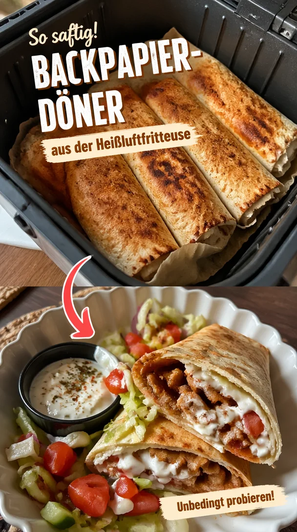 Backpapier-Döner aus der Heißluftfritteuse serviert auf einem Teller