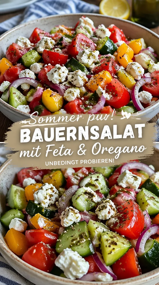 Leckerer Bauernsalat mit Feta, Gurken, Tomaten und frischen Kräutern.