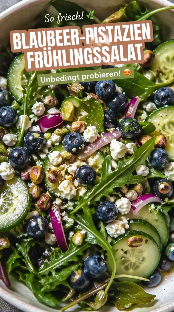 Blaubeer-Pistazien-Frühlingssalat auf einem Teller mit frischen Zutaten