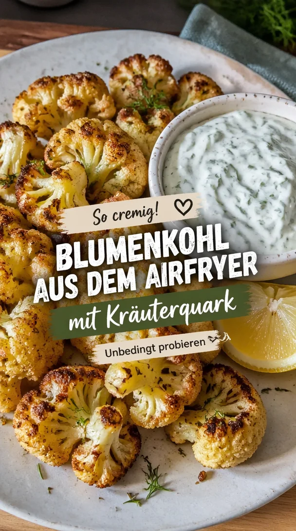 Blumenkohl Airfryer mit leckerem Kräuterquark Rezept auf einem Teller
