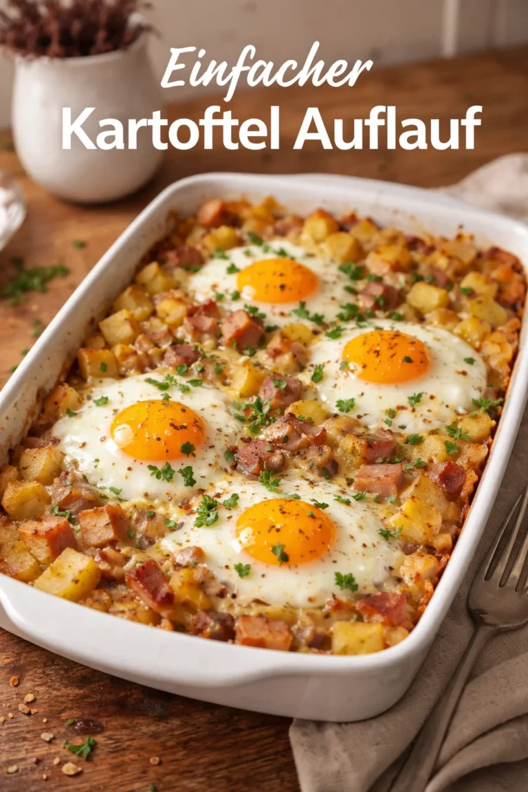 Bratkartoffel Leberkäse Auflauf mit Spiegelei auf einem Teller serviert