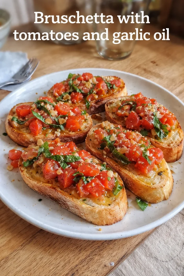 Leckere Bruschetta mit Tomaten und Knoblauchöl auf einem Holzbrett