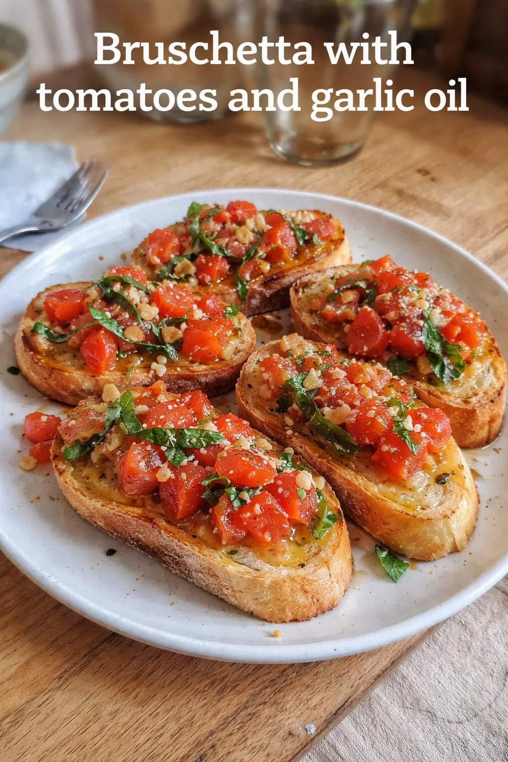 Leckere Bruschetta mit Tomaten und Knoblauchöl auf einem Holzbrett