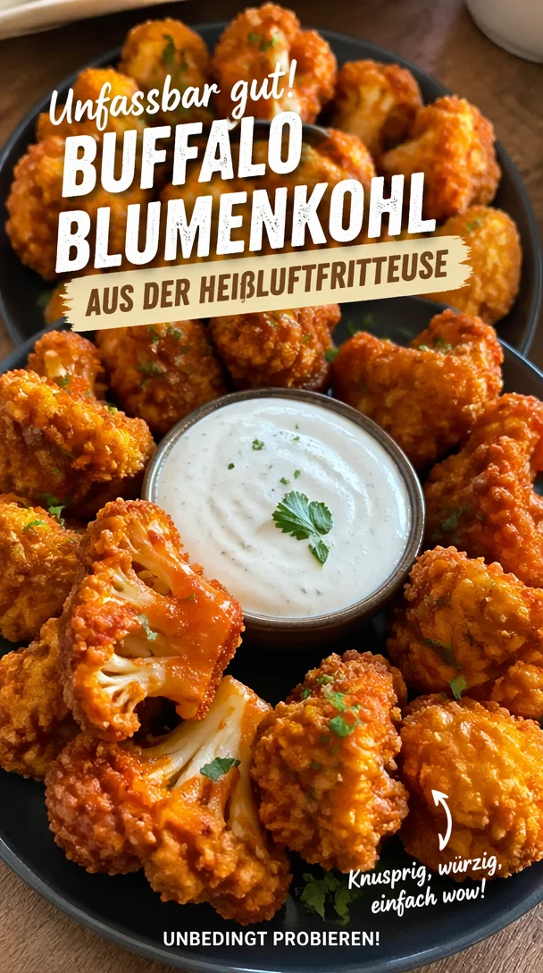 Knuspriger Buffalo-Blumenkohl aus der Heißluftfritteuse auf einem Teller serviert.