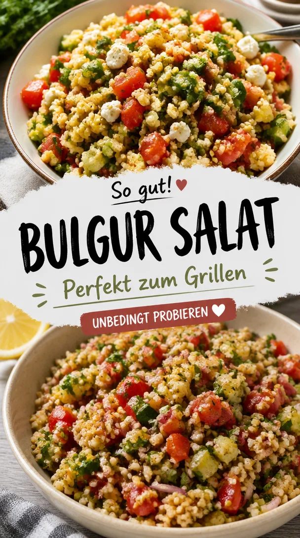 Frischer Bulgur Salat mit Gemüse und Kräutern auf einem Grilltisch serviert.