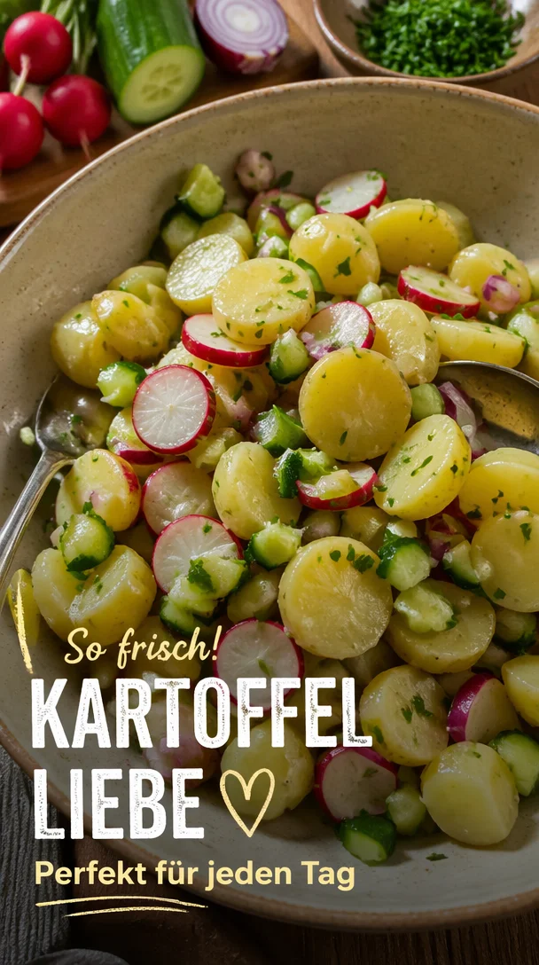 Bunter Kartoffelsalat mit frischem Gemüse und Kräutern