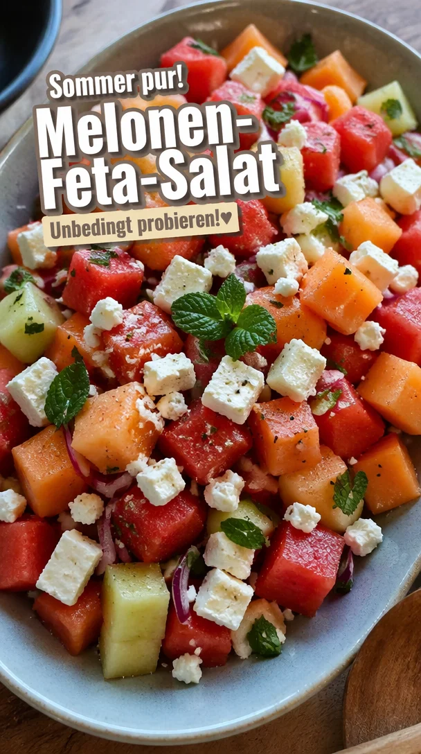 Bunter Melonen-Feta-Salat mit frischen Zutaten in einer bunten Schüssel