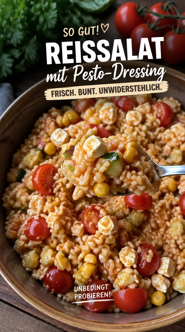 Bunter Reissalat mit Pesto-Dressing auf einem Tisch serviert.