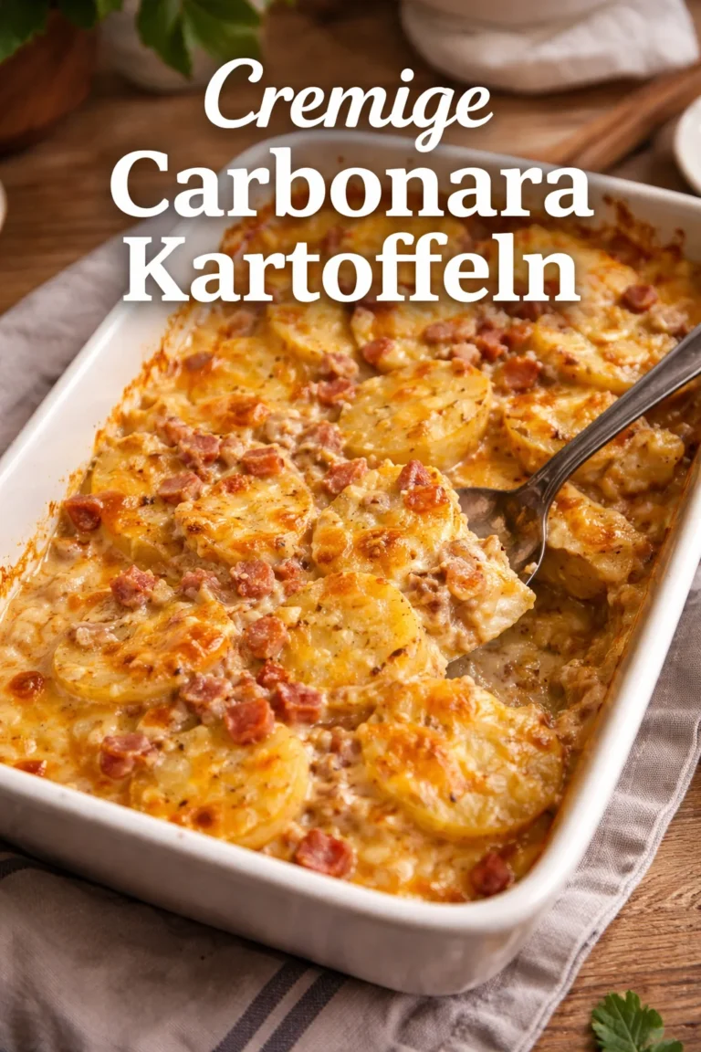Leckere Carbonara Kartoffeln auf einem Teller serviert.