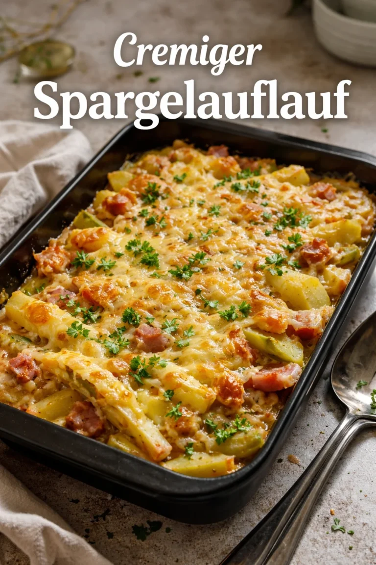 Cremiger Spargelauflauf mit Kartoffeln und Schinken frisch aus dem Ofen