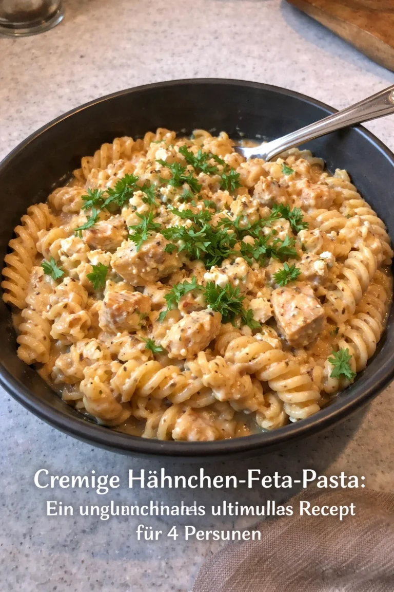 Cremige Hähnchen-Feta-Pasta in einer Schüssel, perfekt für ein schnelles Abendessen.