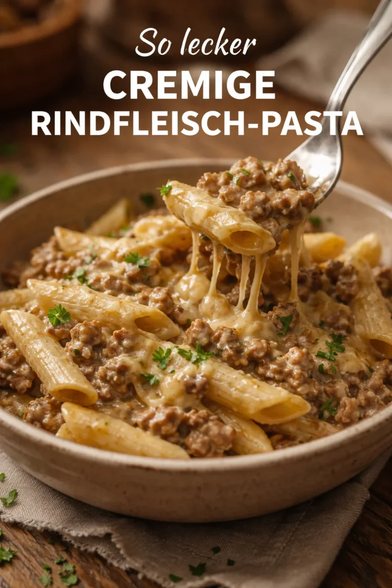 Cremige Hochprotein-Rindfleisch-Pasta auf einem Teller serviert mit frischen Kräutern.