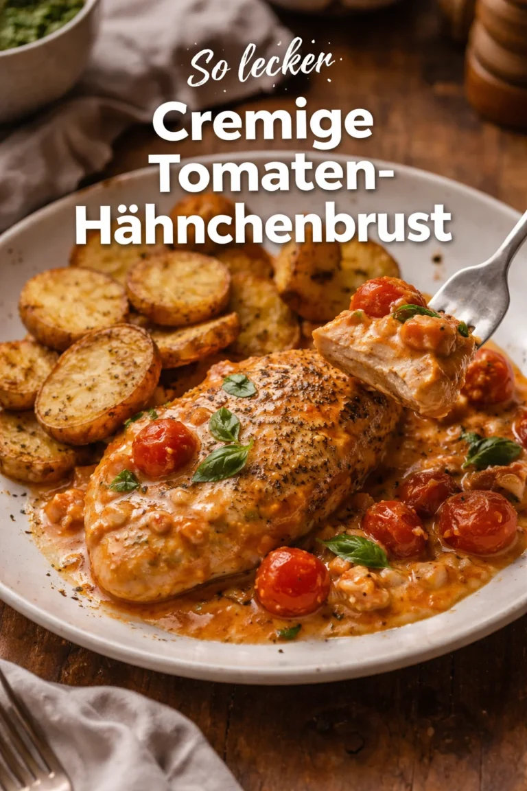 Cremige Tomaten-Hähnchenbrust mit frischen Kräutern und Beilagen angerichtet