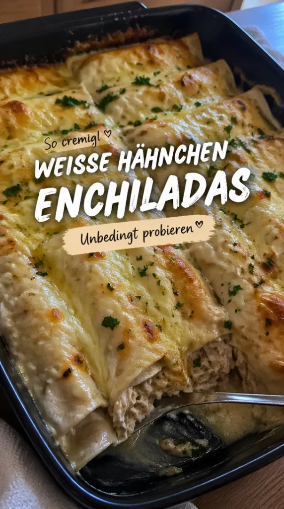 Cremige weiße Hühnchen-Enchiladas auf einem Teller serviert