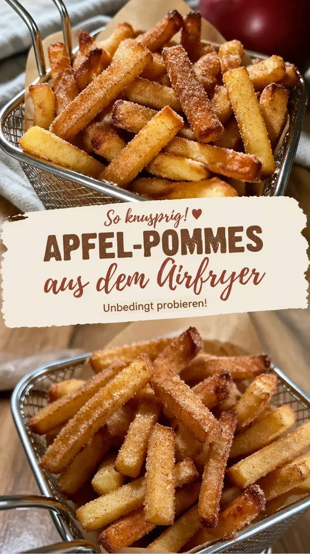 Knusprige Apfel-Pommes aus der Heißluftfritteuse, schnell und einfach zubereitet.