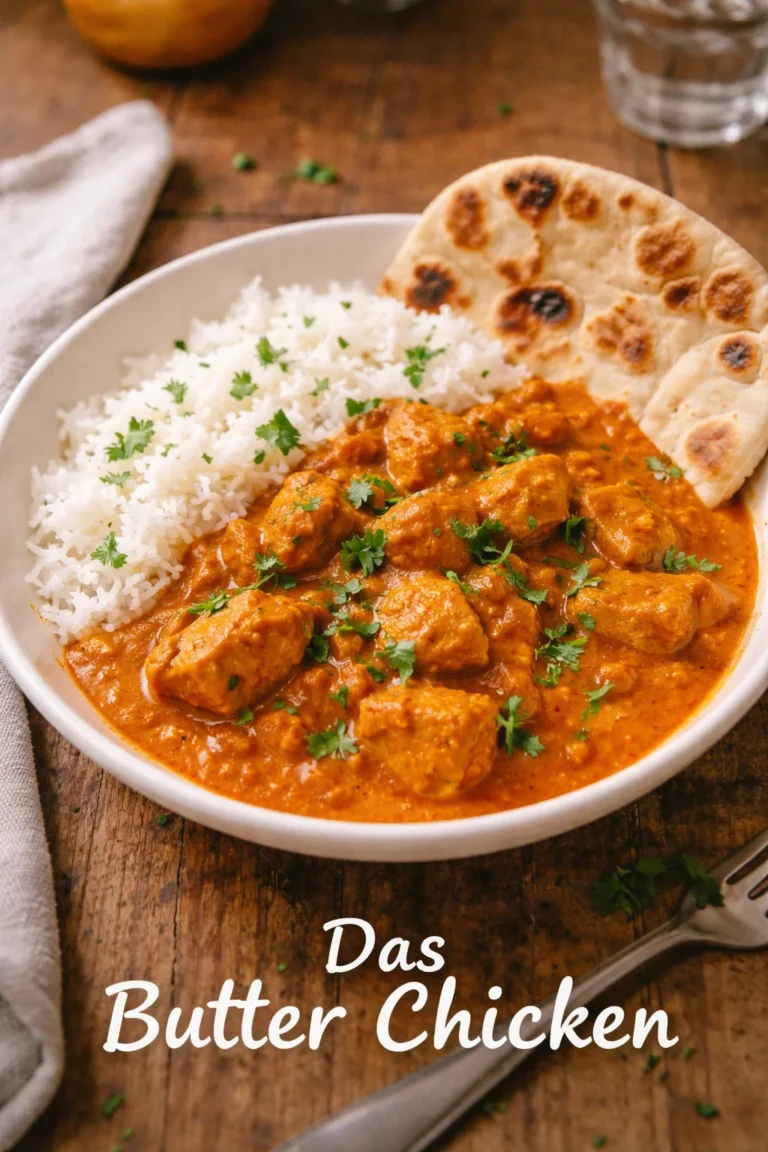 Leckeres Butter Chicken mit aromatischer Sauce und Gewürzen auf einem Teller.