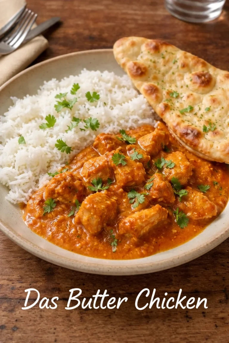 Leckeres Butter Chicken mit cremiger Sauce und Gewürzen auf einem Teller
