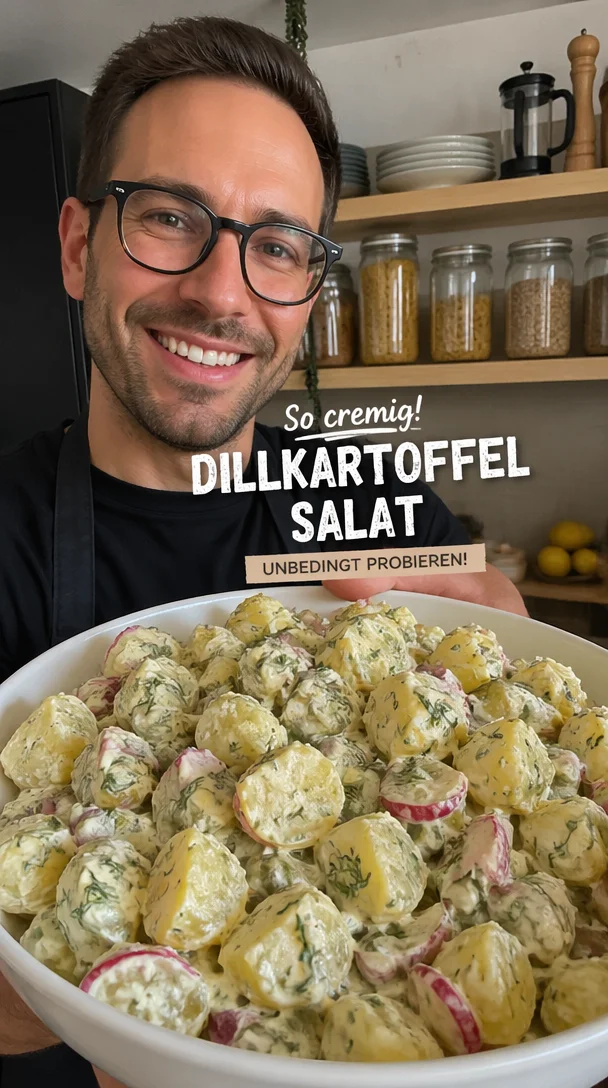 Schüssel mit Dillkartoffelsalat, verfeinert mit frischem Dill und Zwiebeln