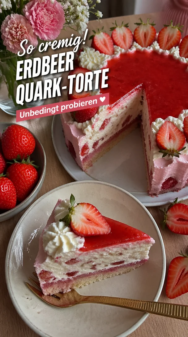 Traumhaft feiner Erdbeer-Quark-Kuchen zum Genießen und Teilen.