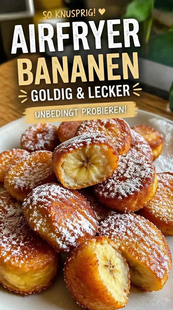 Knusprig gebackene Bananen aus dem Airfryer auf einem Teller serviert.