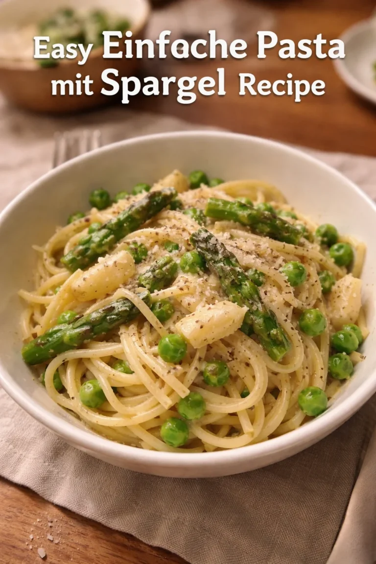 Einfache Pasta mit Spargel und frischen Zutaten auf einem Teller