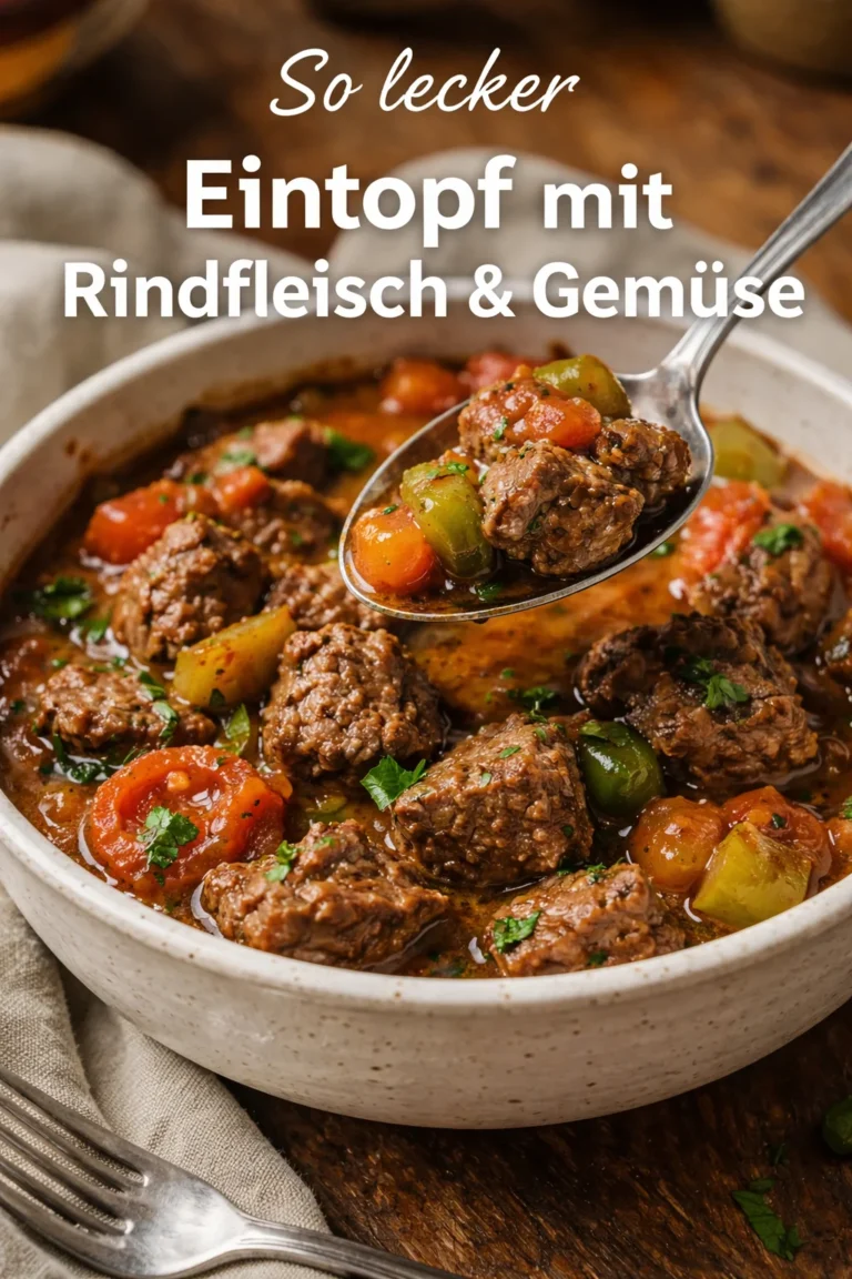 Eintopf mit Rindfleisch und buntem Gemüse in einer Schüssel serviert.