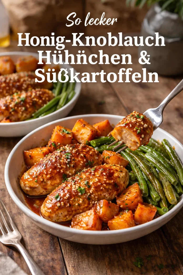 Honig-Knoblauch-Hühnchen mit Süßkartoffeln auf einem Teller serviert.