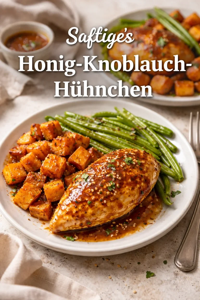 Honig-Knoblauch-Hühnchen mit süßen Kartoffeln auf einem Teller.