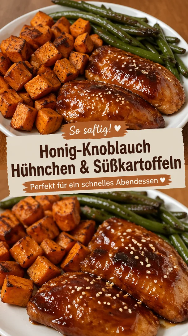 Ein Teller Honig-Knoblauch-Hühnchen mit gerösteten Süßkartoffeln