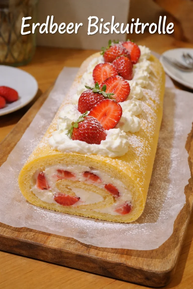 Erdbeer Biskuitrolle mit frischen Erdbeeren und Sahnefüllung