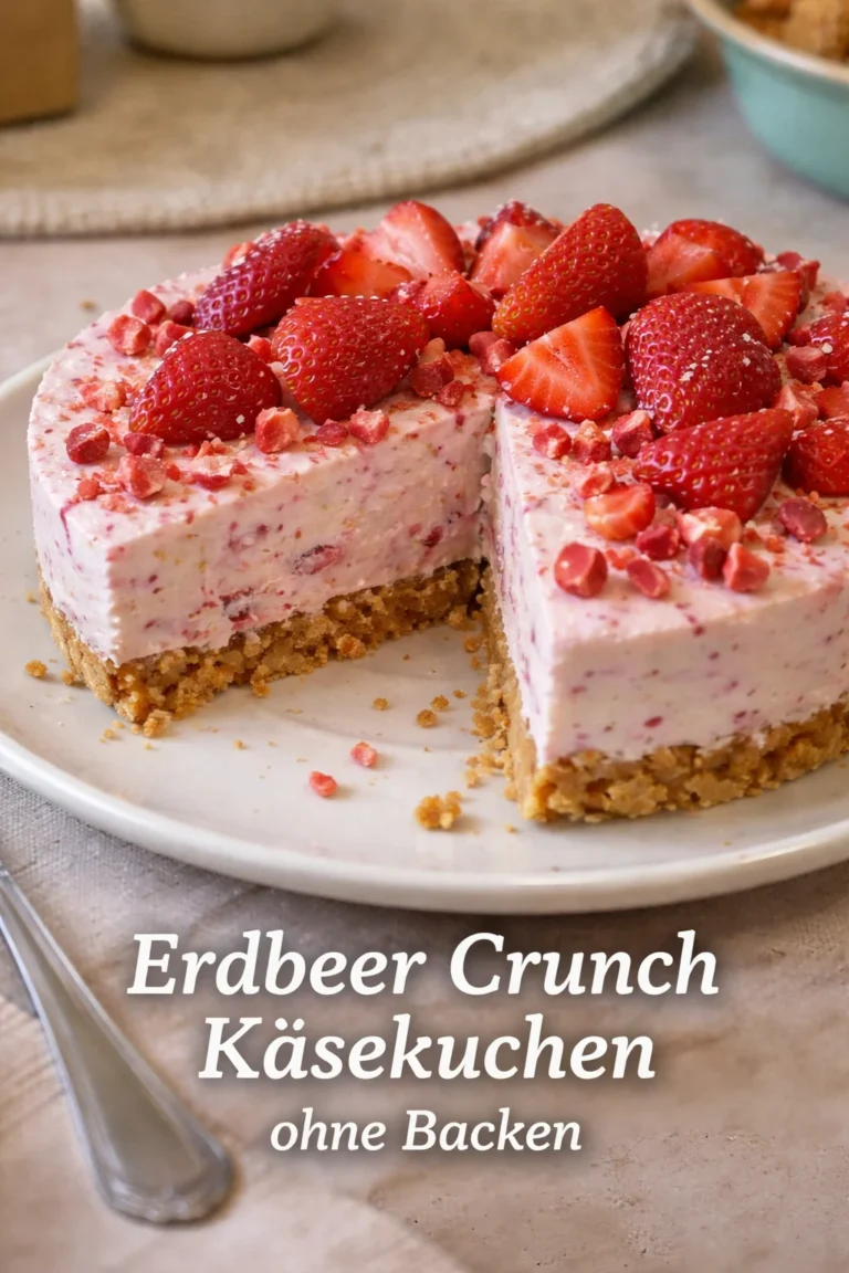 Erdbeer Crunch Käsekuchen ohne Backen auf einem Teller serviert