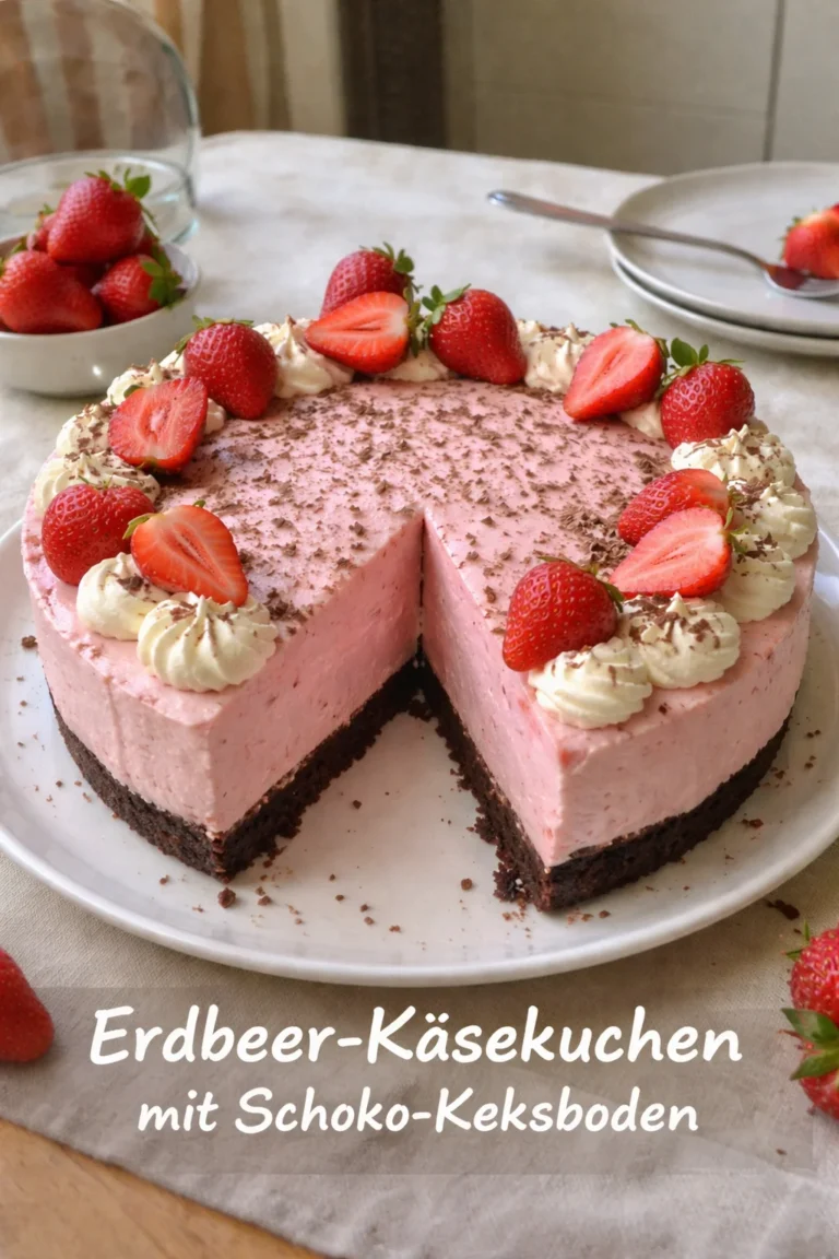 Erdbeer-Käsekuchen mit Schoko-Keksboden auf einem Teller serviert.