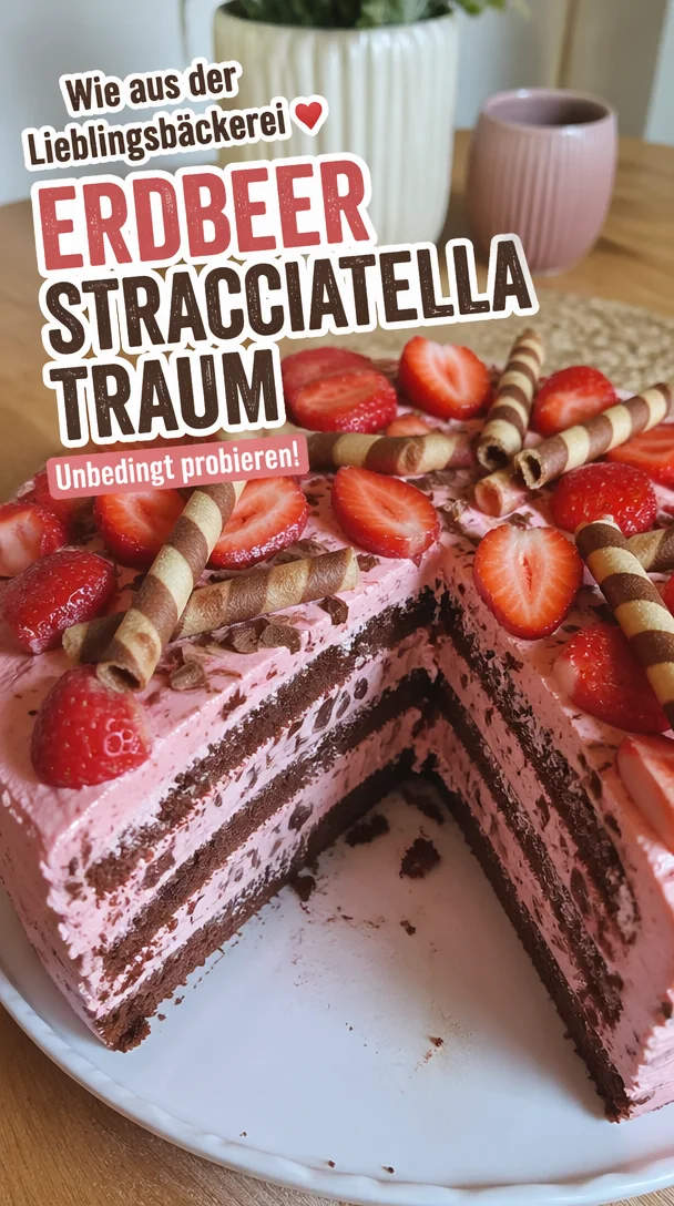 Erdbeer-Stracciatella-Torte mit frischen Erdbeeren und Schokoladensplittern