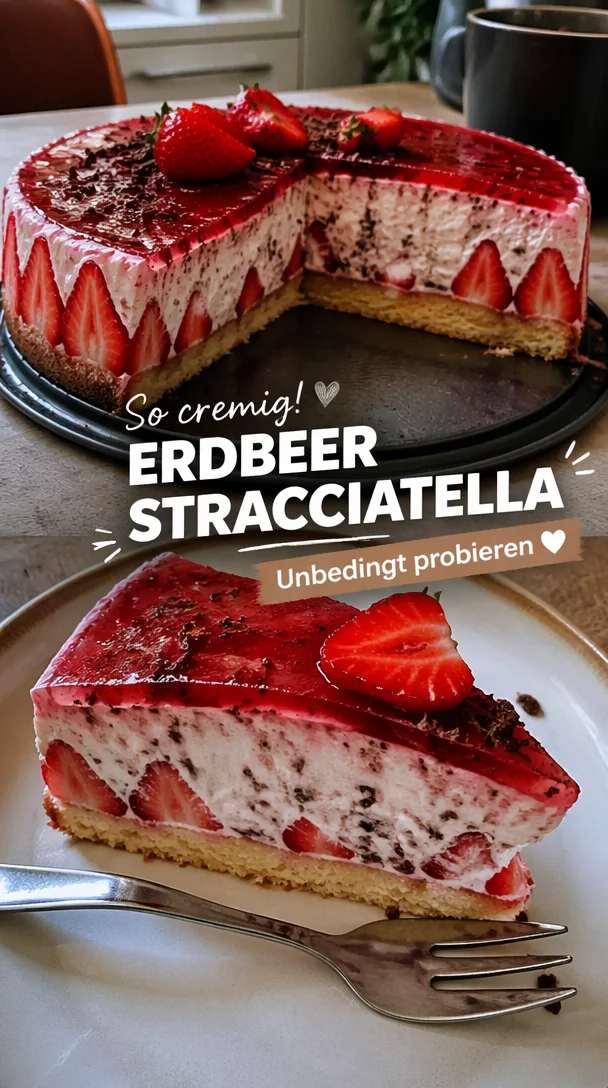 Erdbeer-Stracciatella-Torte mit frischen Erdbeeren und Schokoladenstückchen