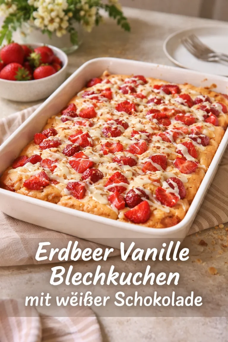 Erdbeer Vanille Blechkuchen mit weißer Schokolade auf einem Teller