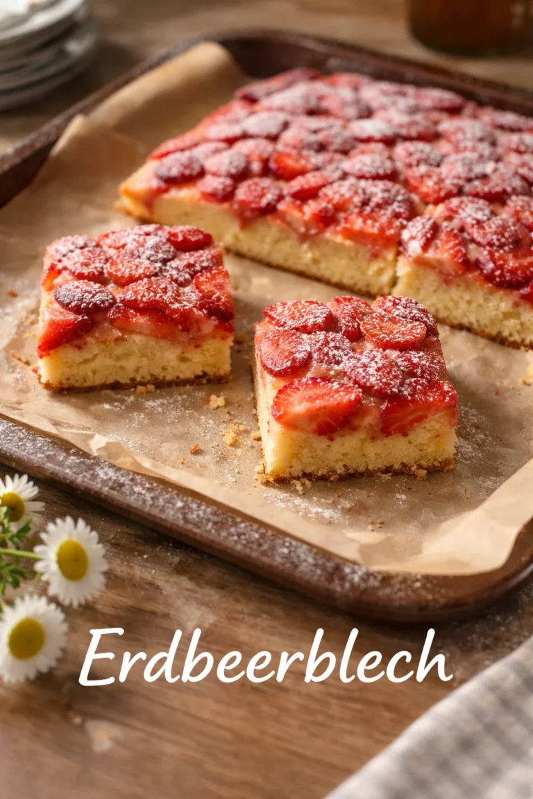 Erdbeerblech-Kuchen mit frischen Erdbeeren und Sahne dekoriert