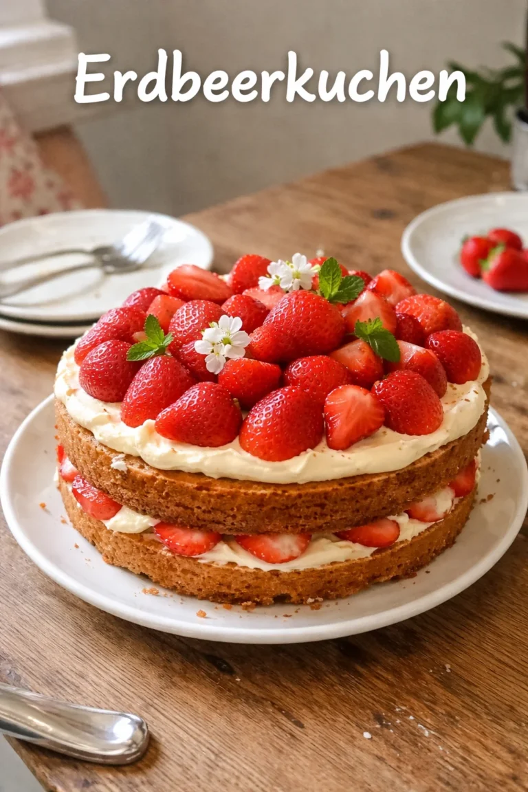 Leckerer Erdbeerkuchen mit frischen Erdbeeren und Sahne