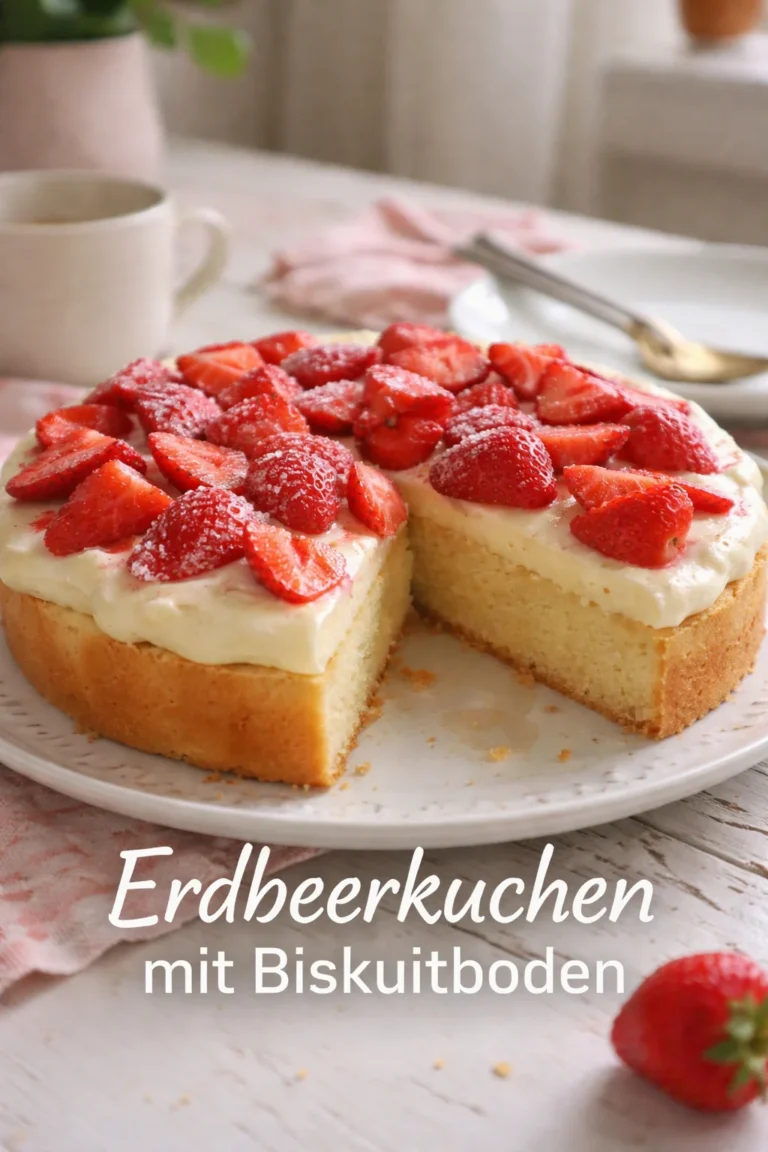 Erdbeerkuchen mit Biskuitboden auf einem weißen Teller serviert