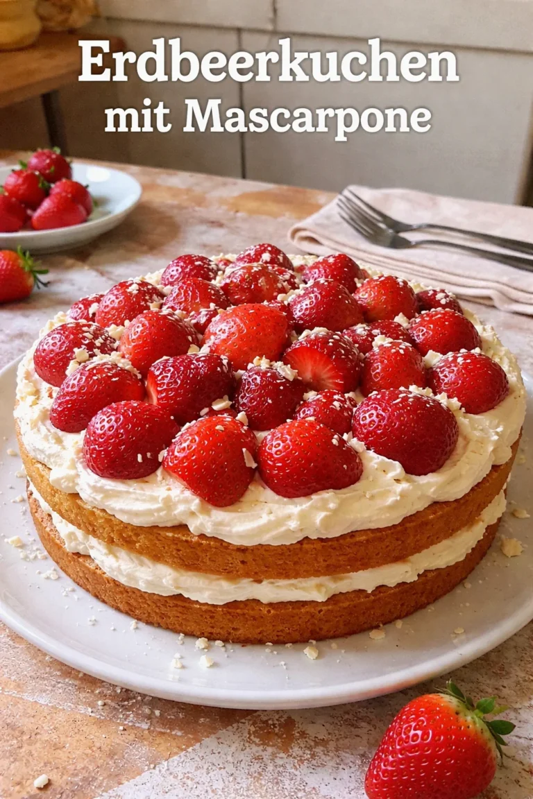 Leckerer Erdbeerkuchen mit Mascarpone und frischen Erdbeeren