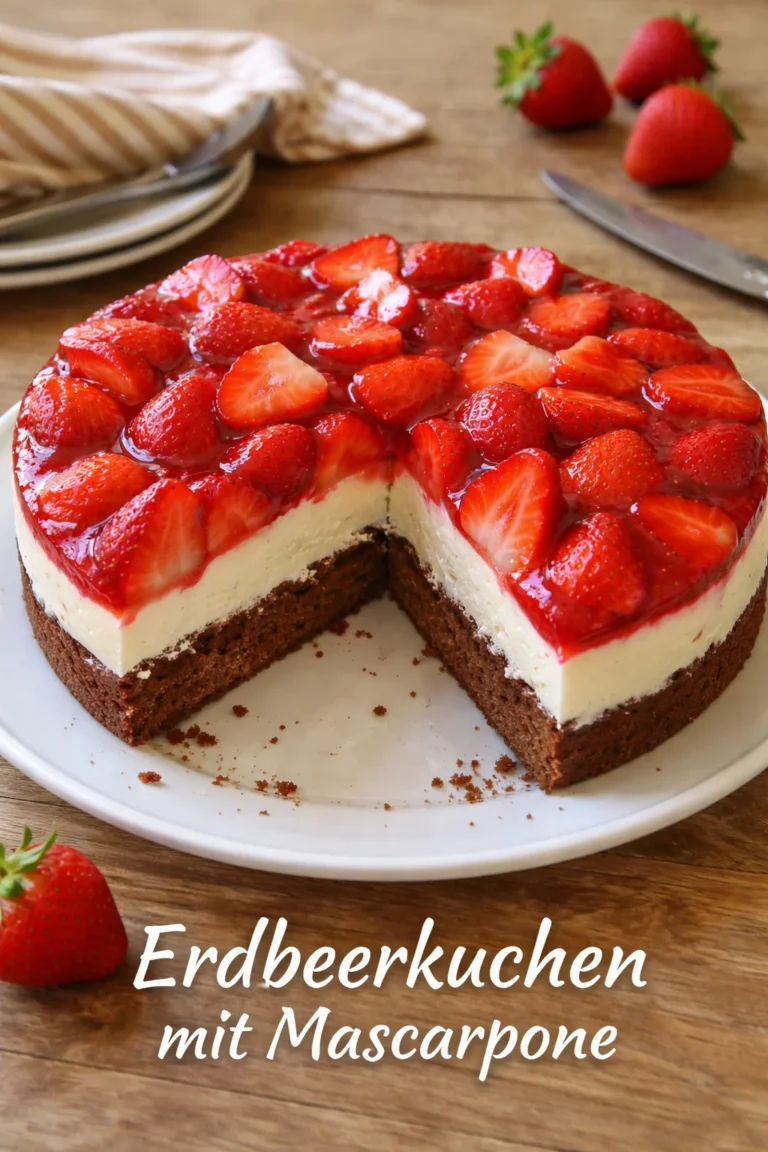 Erdbeerkuchen mit Mascarpone dekoriert mit frischen Erdbeeren und Minze
