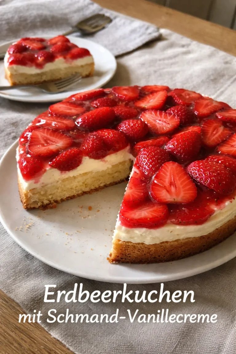 Leckerer Erdbeerkuchen mit Schmand-Vanillecreme auf einem Teller
