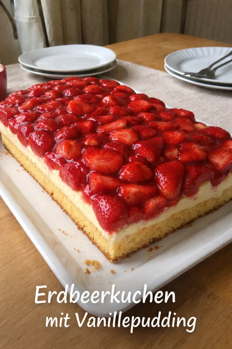 Erdbeerkuchen mit Vanillepudding auf einem schönen Tisch angerichtet