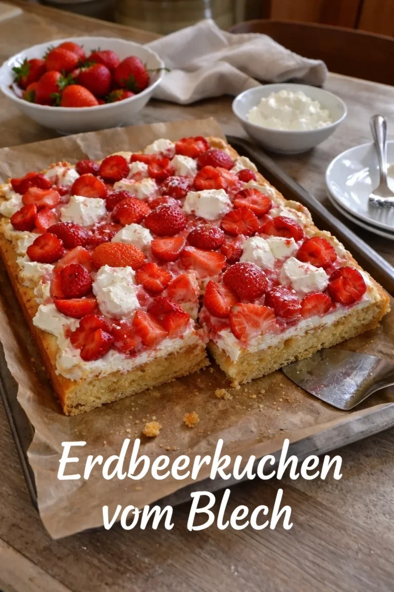 Erdbeerkuchen vom Blech mit frischen Erdbeeren und Sahne