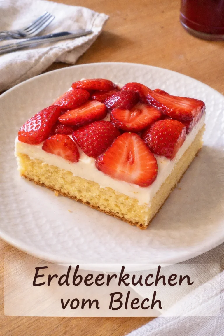 Erdbeerkuchen vom Blech mit frischen Erdbeeren und Sahne