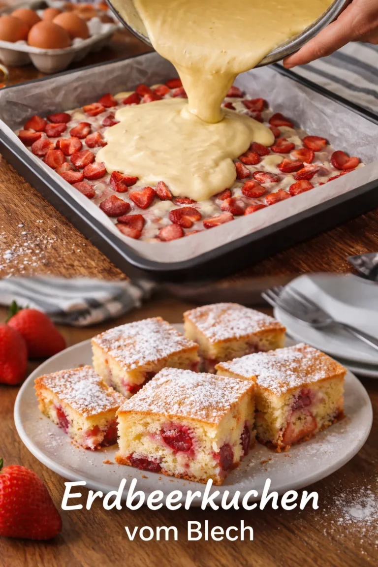 Erdbeerkuchen vom Blech mit frischen Erdbeeren und Sahne