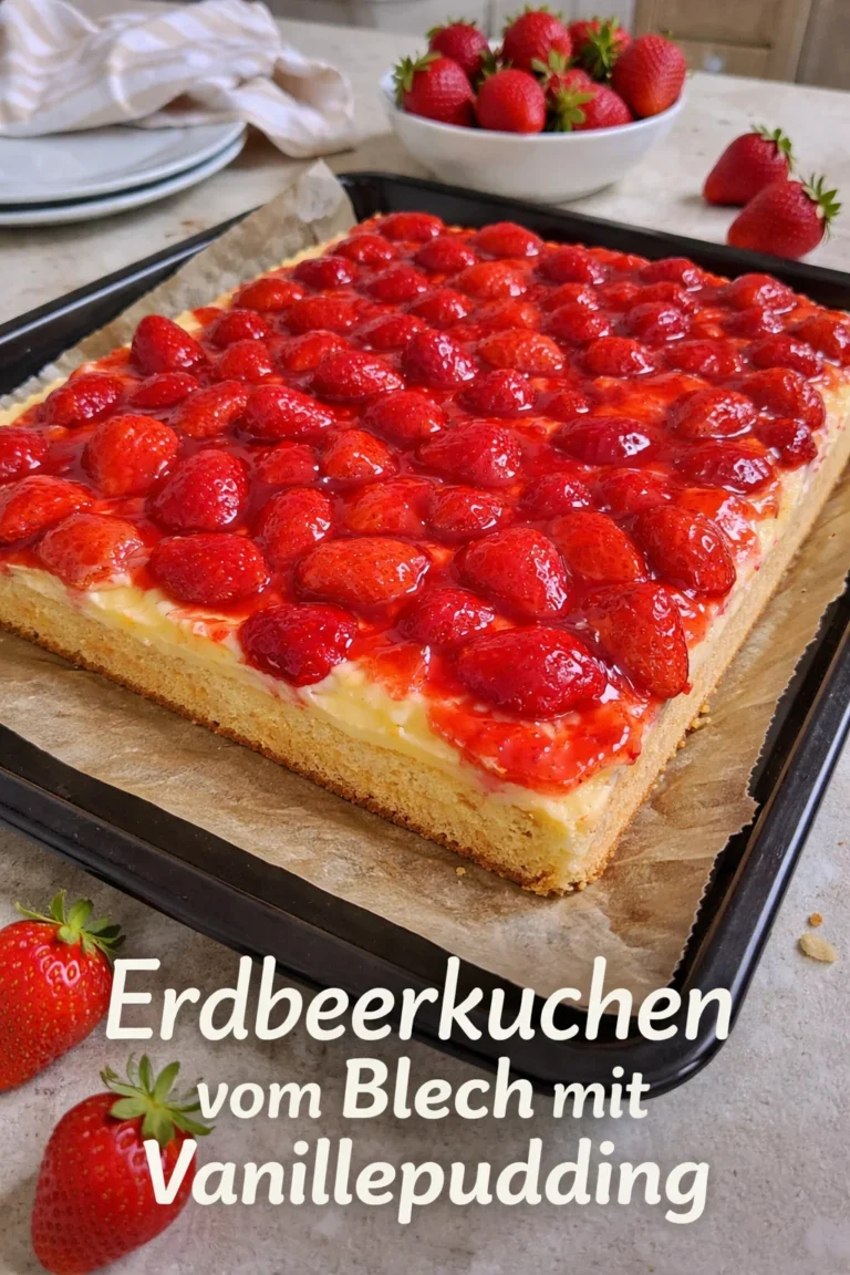 Erdbeerkuchen vom Blech mit Vanillepudding, frisch aufgeschnitten