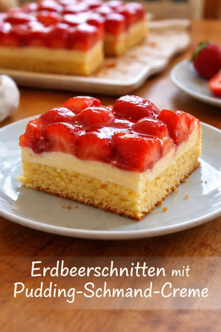 Erdbeerschnitten mit Pudding-Schmand-Creme auf einem Teller