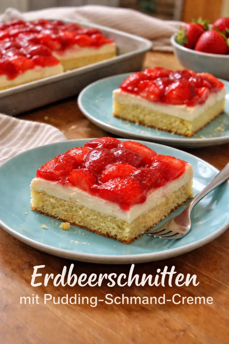 Erdbeerschnitten mit Pudding-Schmand-Creme auf einem Teller serviert