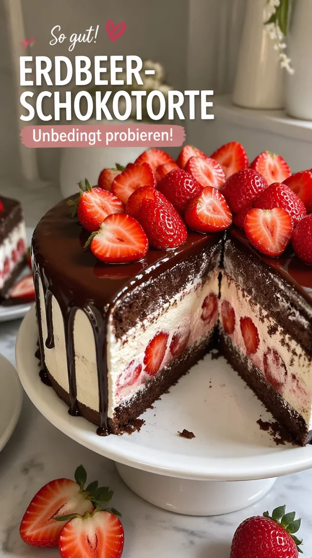 Erdbeerschokotorte mit frischen Erdbeeren und Schokoladenglasur